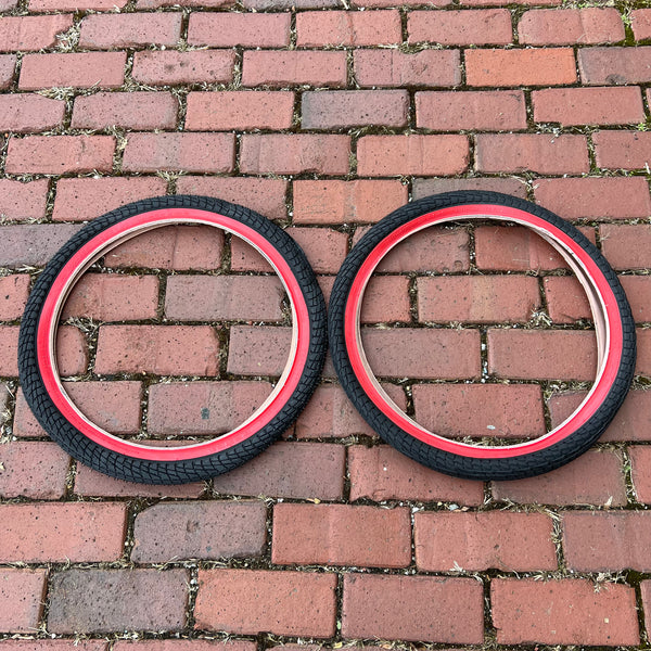 BICYCLE TIRES 20 X 1.95 BLACK RED WALL FITS OLD SCHOOL BMX GT MONGOOSE SCHWINN OTHERS NEW