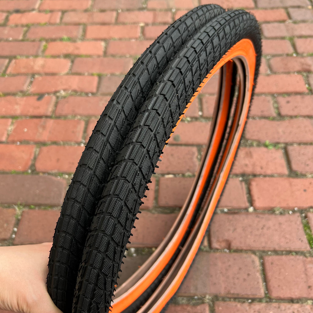 BICYCLE TIRES 20 X 1.95 BLACK / ORANGE WALL FIT OLD SCHOOL BMX GT MONGOOSE SCHWINN & OTHERS